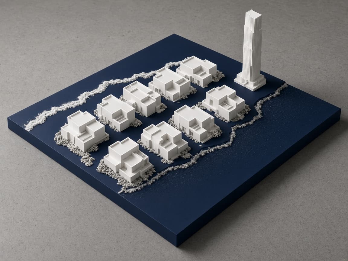 Massing model of coastal villas and a tower