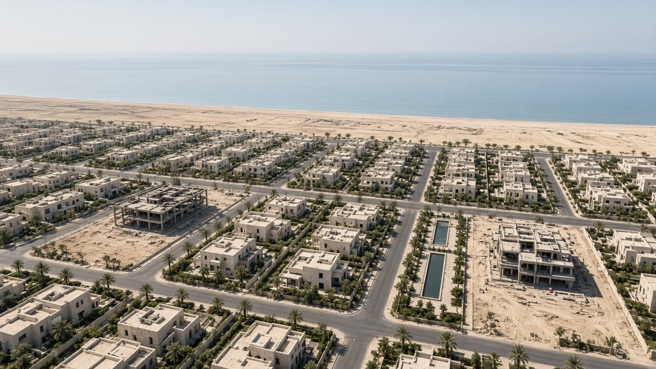 Aerial of a Maymarian coastal development, with completed villas and concrete frames still under construction